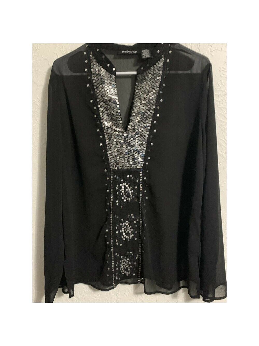 The In Shop Womens Black Top- Xl-Sleeve Sequined Blouse - Picture 6 of 6